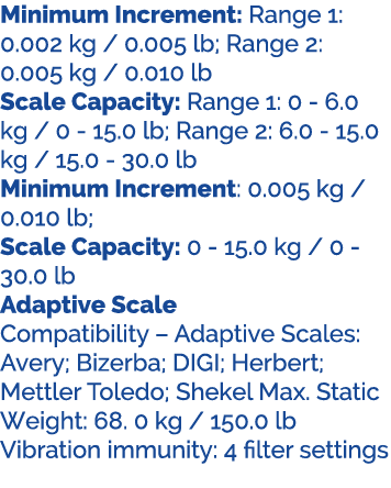 Minimum Increment: Range 1: 0.002 kg / 0.005 lb; Range 2: 0.005 kg / 0.010 lb Scale Capacity: Range 1: 0 6.0 kg / 0 1...