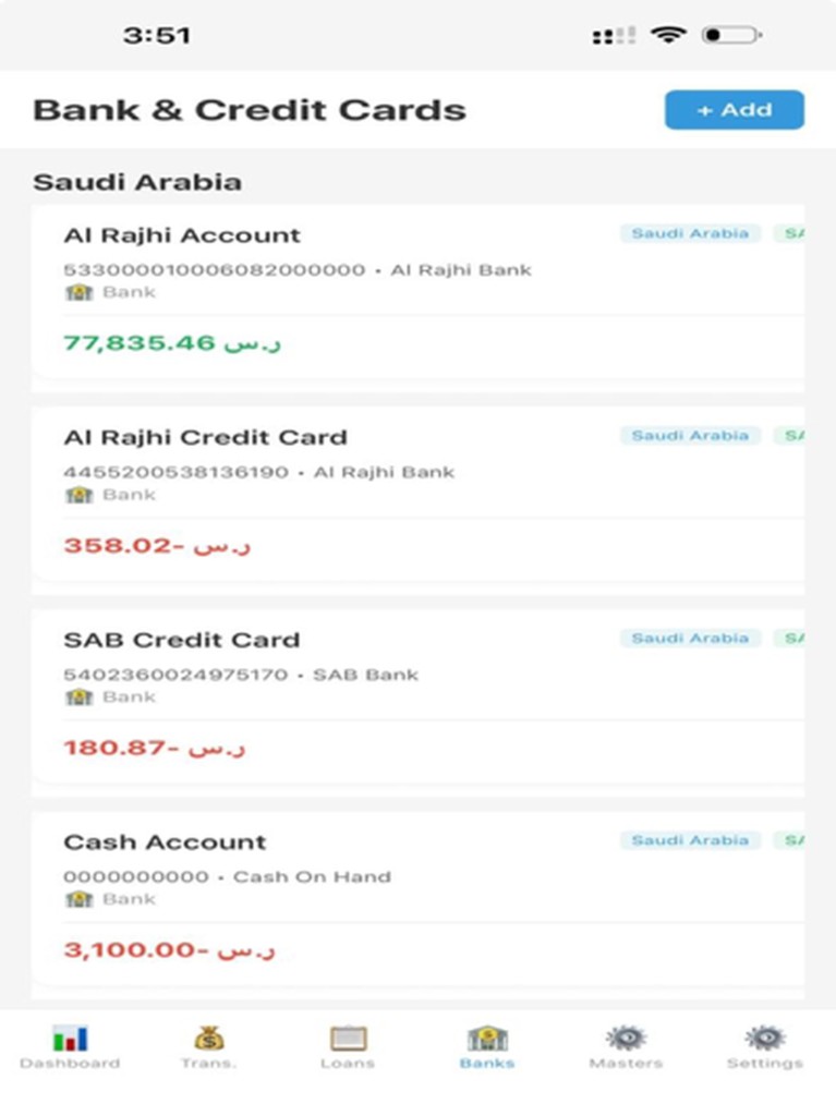 Bank and credit cards screen in LedgerLite Pro