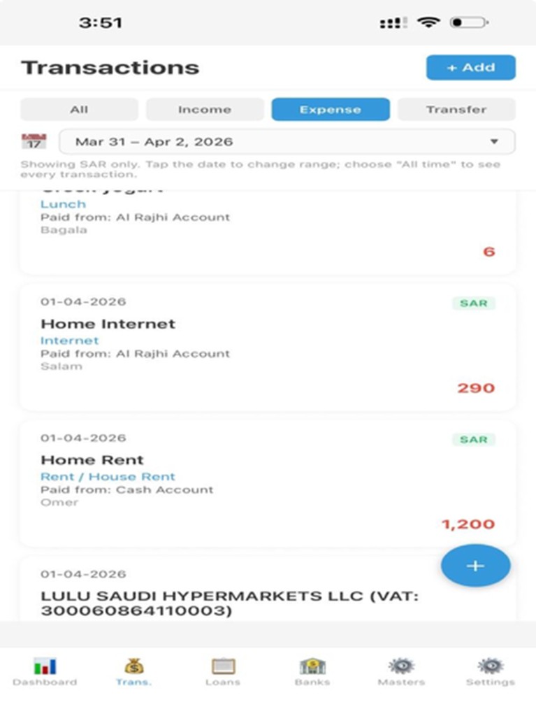 Transactions screen in LedgerLite Pro